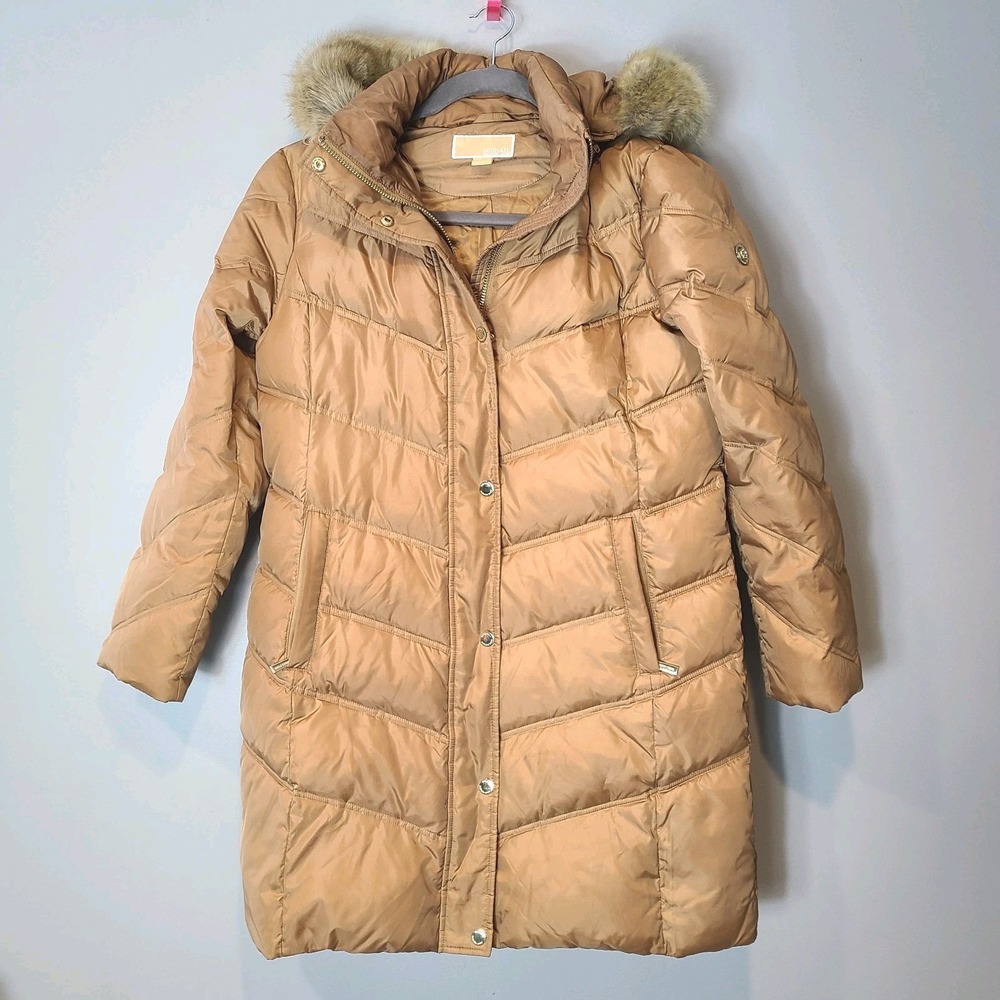 Michael Kors Brown Down Puffer Coat Womens Size Large Fur Trim Hood Luxury